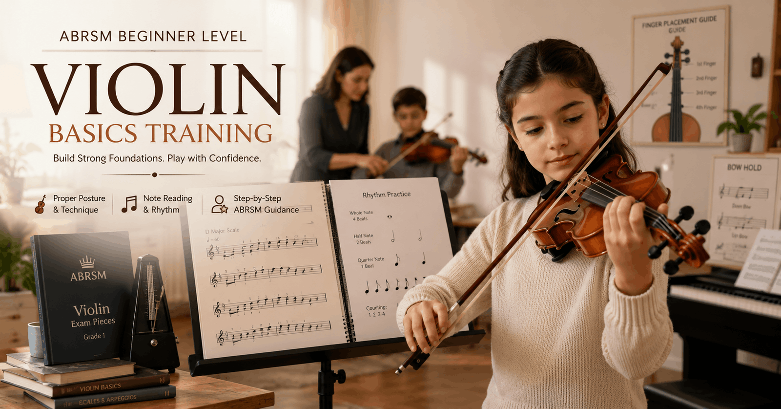 Violin basics training showing student holding violin and bow with sheet music in beginner practice setting for ABRSM preparation