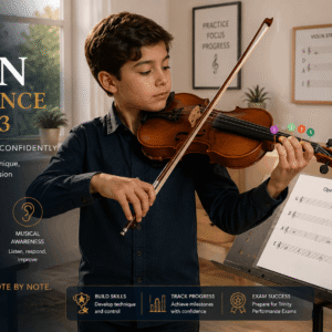 Student practicing violin performance training with bow control focus, posture alignment, and intonation practice for early grades