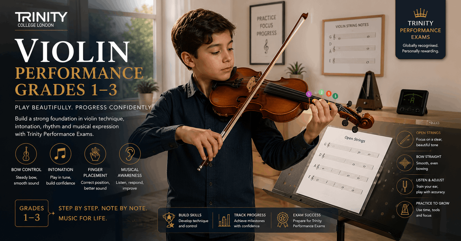 Student practicing violin performance training with bow control focus, posture alignment, and intonation practice for early grades