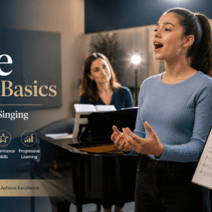 Voice training basics showing student practicing singing with piano accompaniment, focusing on pitch, breathing, and vocal performance skills