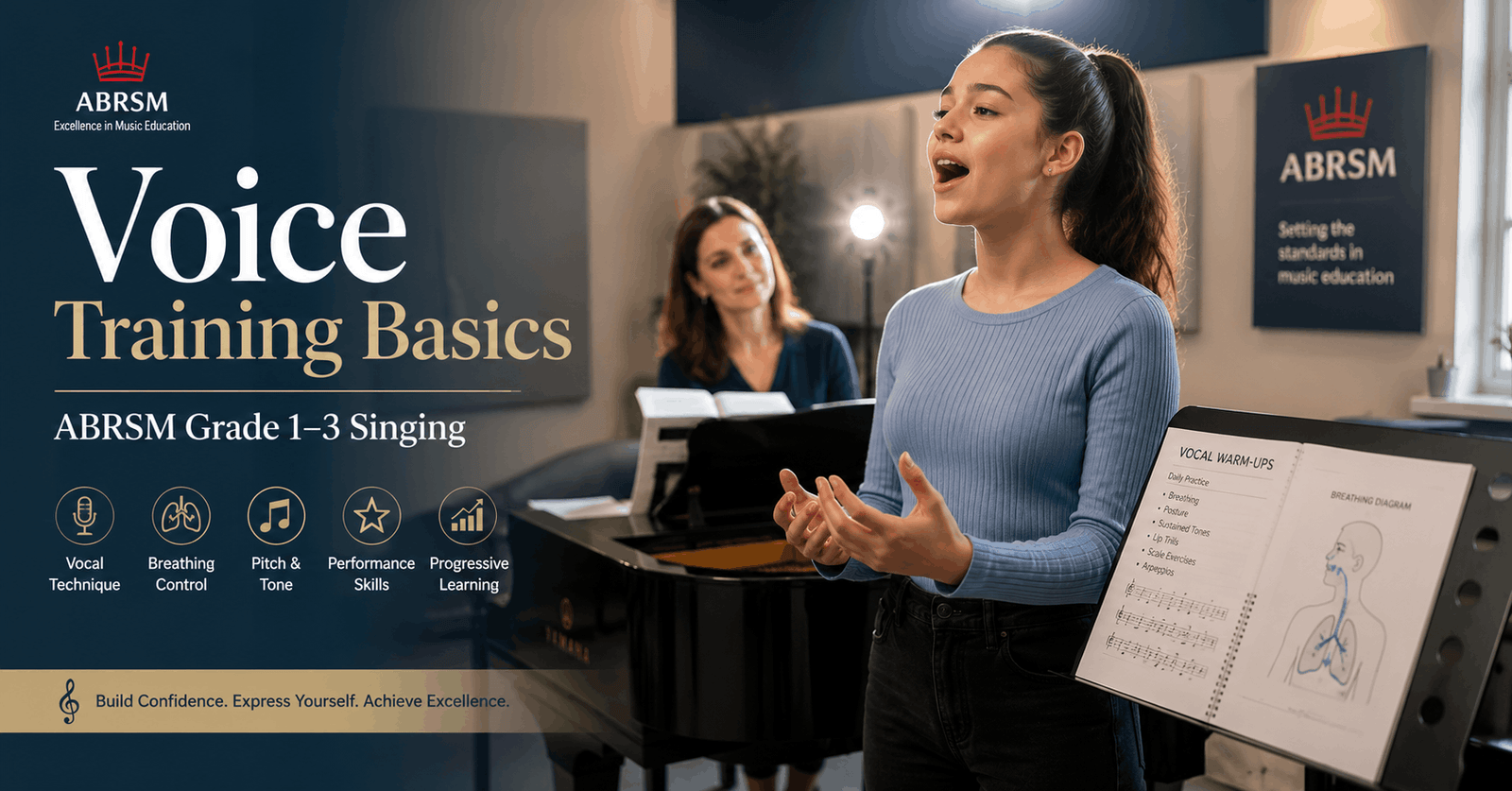 Voice training basics showing student practicing singing with piano accompaniment, focusing on pitch, breathing, and vocal performance skills