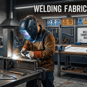 Welding fabrication basics training showing welder using equipment in workshop with tools, sparks, and safety gear in industrial setting
