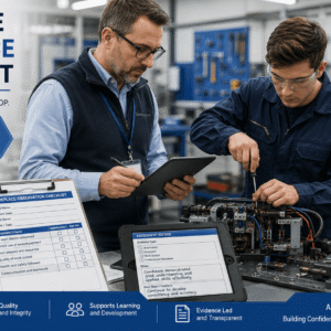 Assessor observing employee performance during Workplace Competence Assessment in a vocational training environment