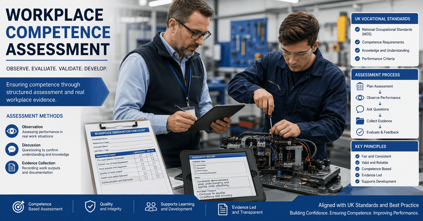 Assessor observing employee performance during Workplace Competence Assessment in a vocational training environment