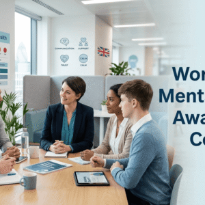 Workplace Mental Health Awareness training showing employees supporting mental wellbeing in a professional office environment