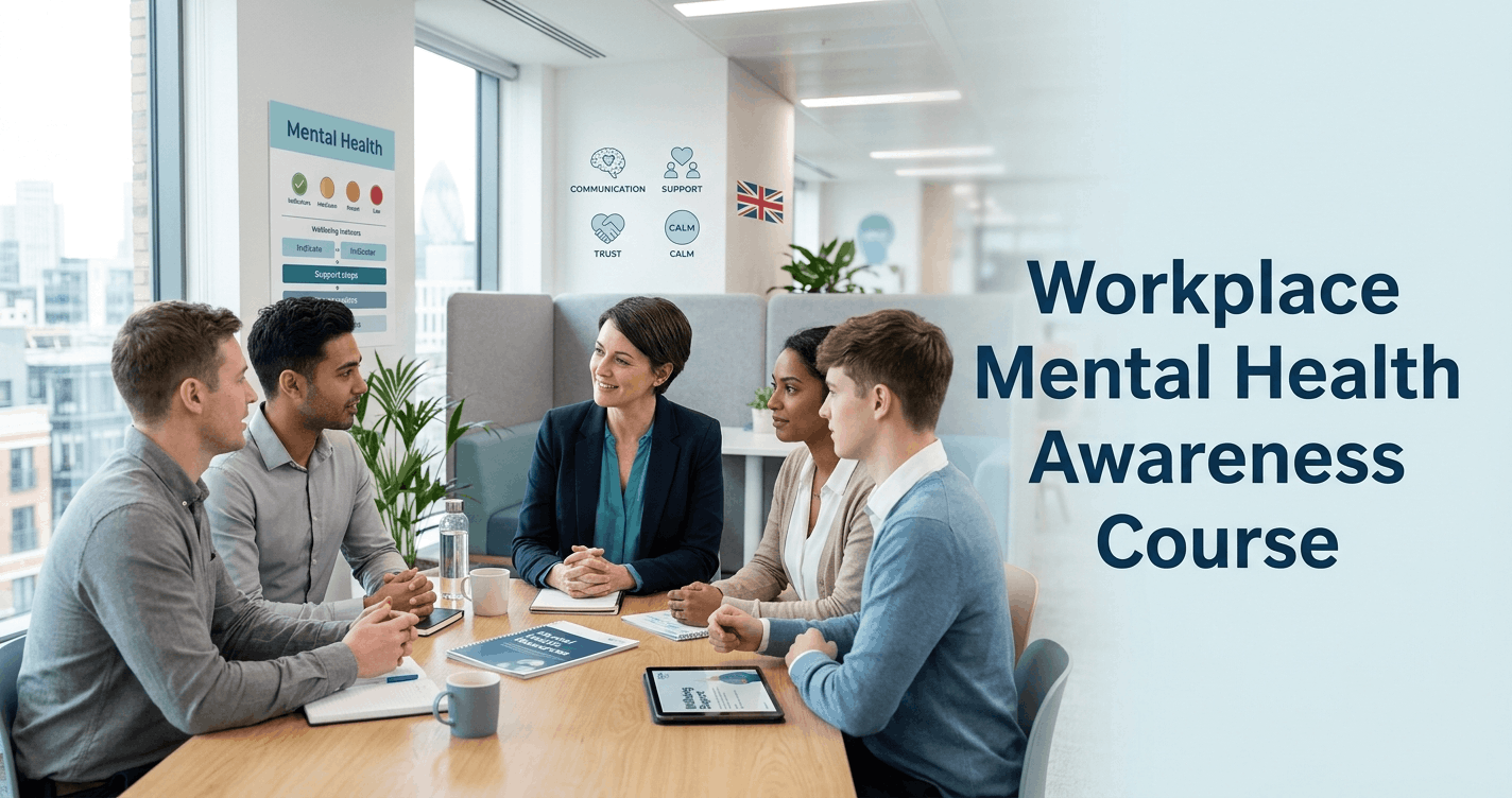 Workplace Mental Health Awareness training showing employees supporting mental wellbeing in a professional office environment