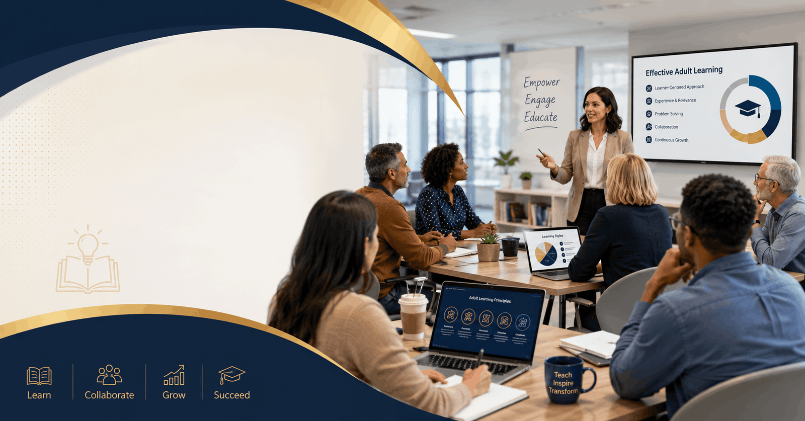 Adult Learning Diploma banner featuring diverse adult learners in a modern classroom with digital learning tools