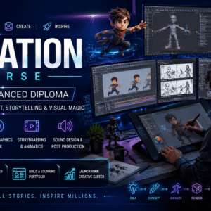 Animation Course showing digital artist creating 2D and 3D animation in a professional creative studio