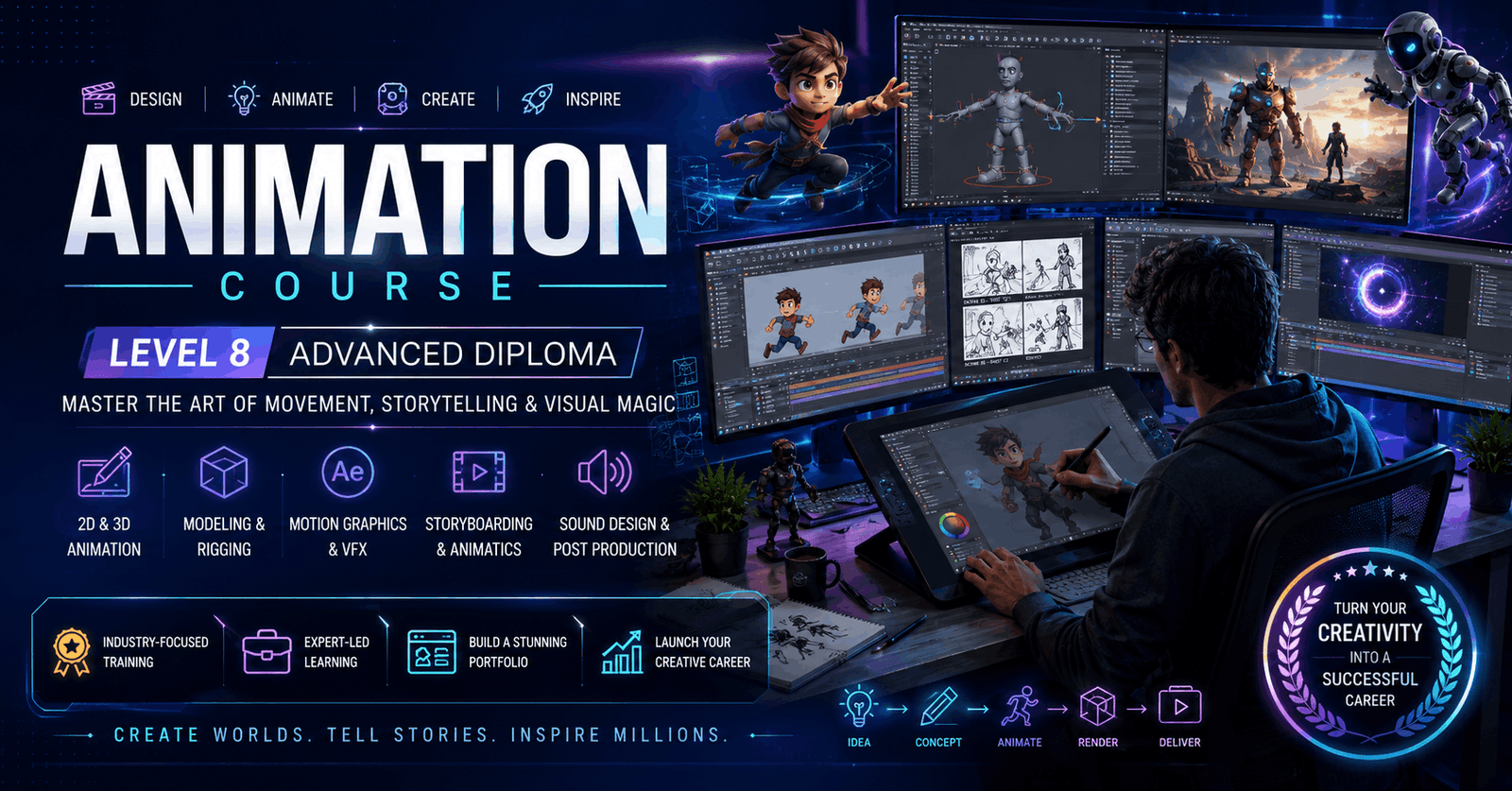 Animation Course showing digital artist creating 2D and 3D animation in a professional creative studio