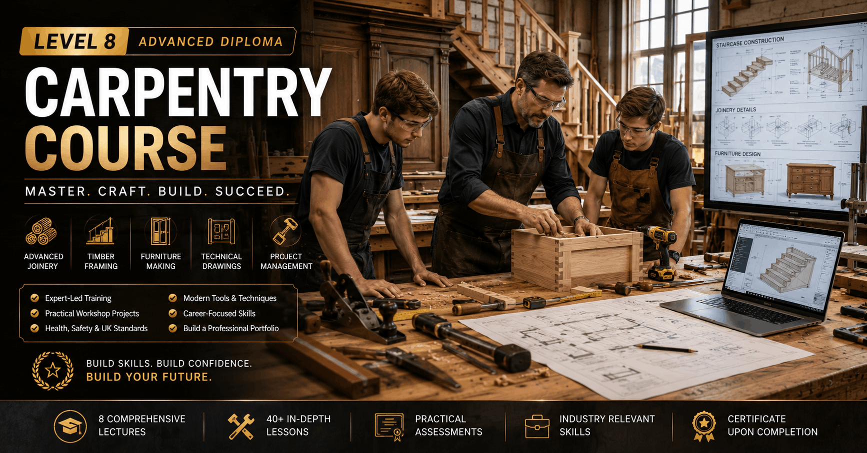 Professional carpenter working on advanced woodworking project in carpentry course workshop with tools and timber materials