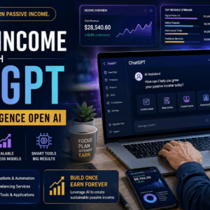 ChatGPT Passive Income course banner showing AI tools, automation dashboards, and digital income growth on modern screens