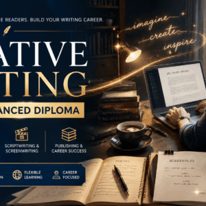 Creative Writing Course banner showing writer drafting fiction, poetry, and scripts in a modern creative workspace