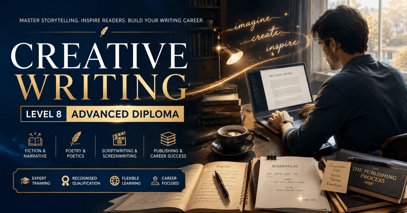 Creative Writing Course banner showing writer drafting fiction, poetry, and scripts in a modern creative workspace