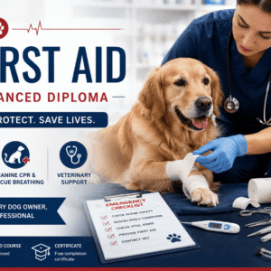 Dog First Aid training banner showing a pet owner providing emergency care to an injured dog in a clinical setting