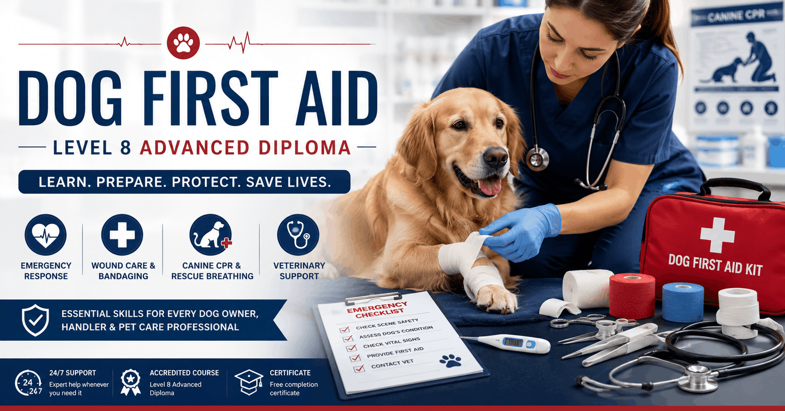 Dog First Aid training banner showing a pet owner providing emergency care to an injured dog in a clinical setting