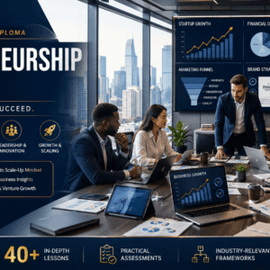 Professional entrepreneurship course showing startup founders planning business growth with strategy charts and financial dashboards