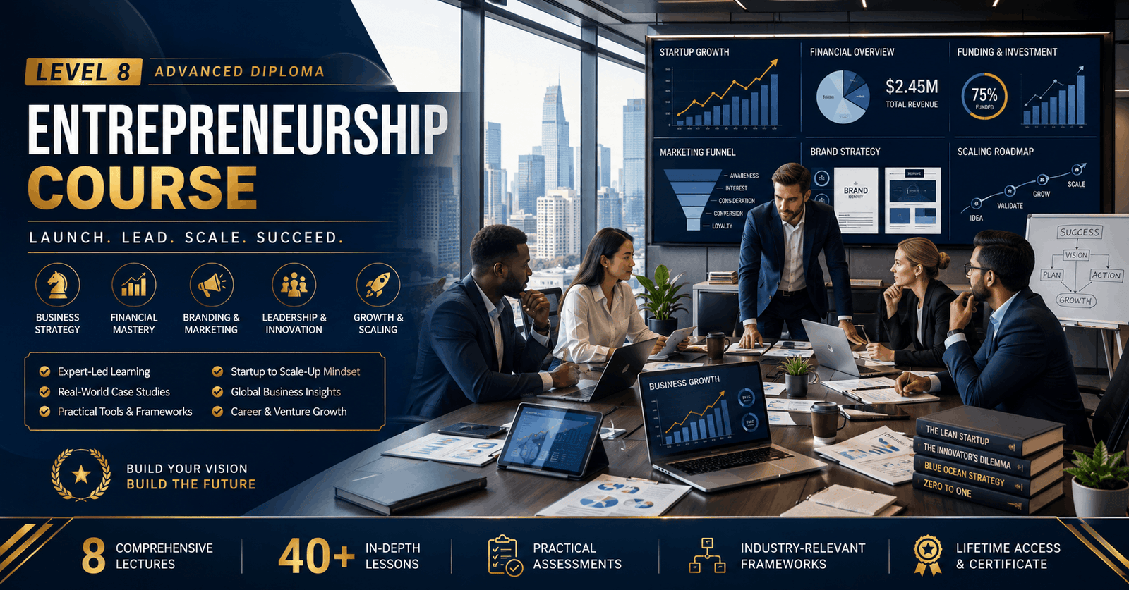 Professional entrepreneurship course showing startup founders planning business growth with strategy charts and financial dashboards