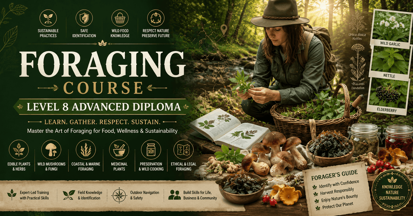Foraging Course showing expert gathering edible plants and wild foods in a natural woodland environment