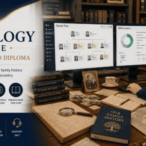 Genealogy Course showing a researcher analysing family tree records, DNA data, and historical archives
