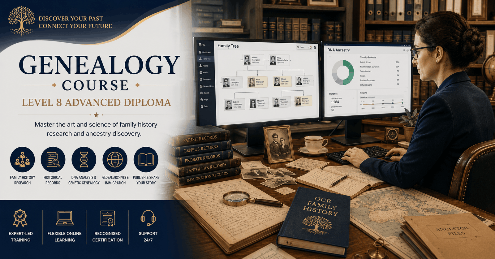 Genealogy Course showing a researcher analysing family tree records, DNA data, and historical archives