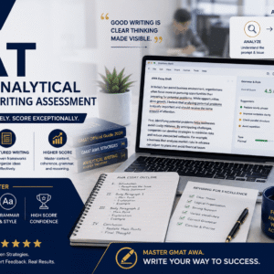 GMAT AWA writing course banner showing essay structure, argument analysis, and GMAT analytical writing preparation