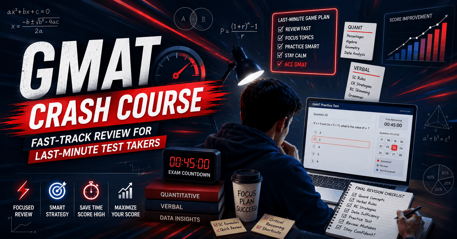GMAT Crash Course fast track review banner showing last-minute revision notes, timer, and GMAT exam strategy tools