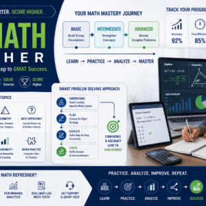 GMAT math refresher course banner showing algebra, arithmetic, geometry, and advanced GMAT problem solving strategies