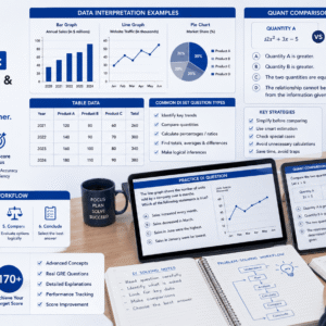 GRE Advanced Quant course showing data interpretation graphs, quantitative comparison, and advanced GRE math strategies