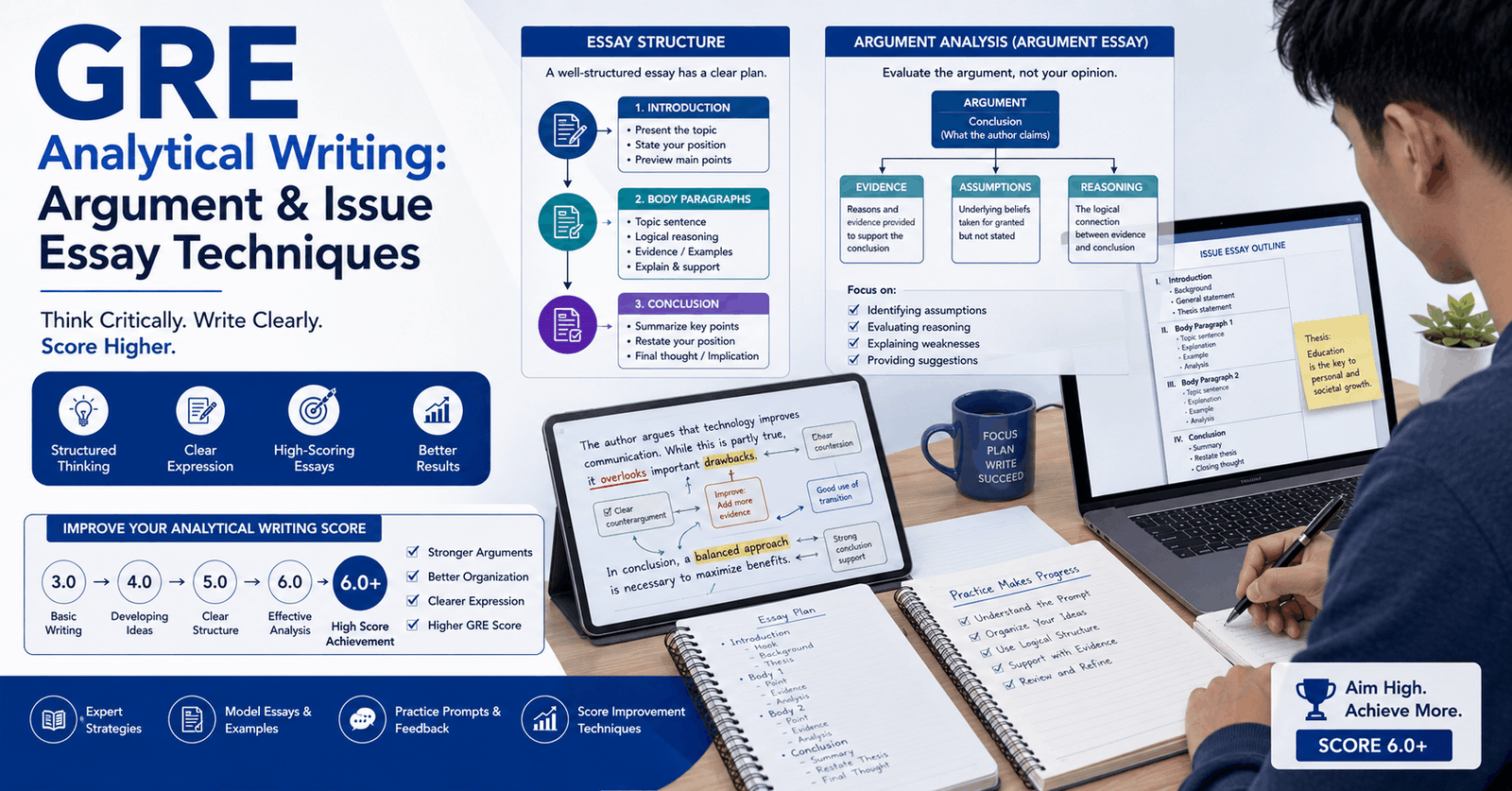 GRE AWA Writing course showing essay writing strategies, argument analysis, and GRE analytical writing practice