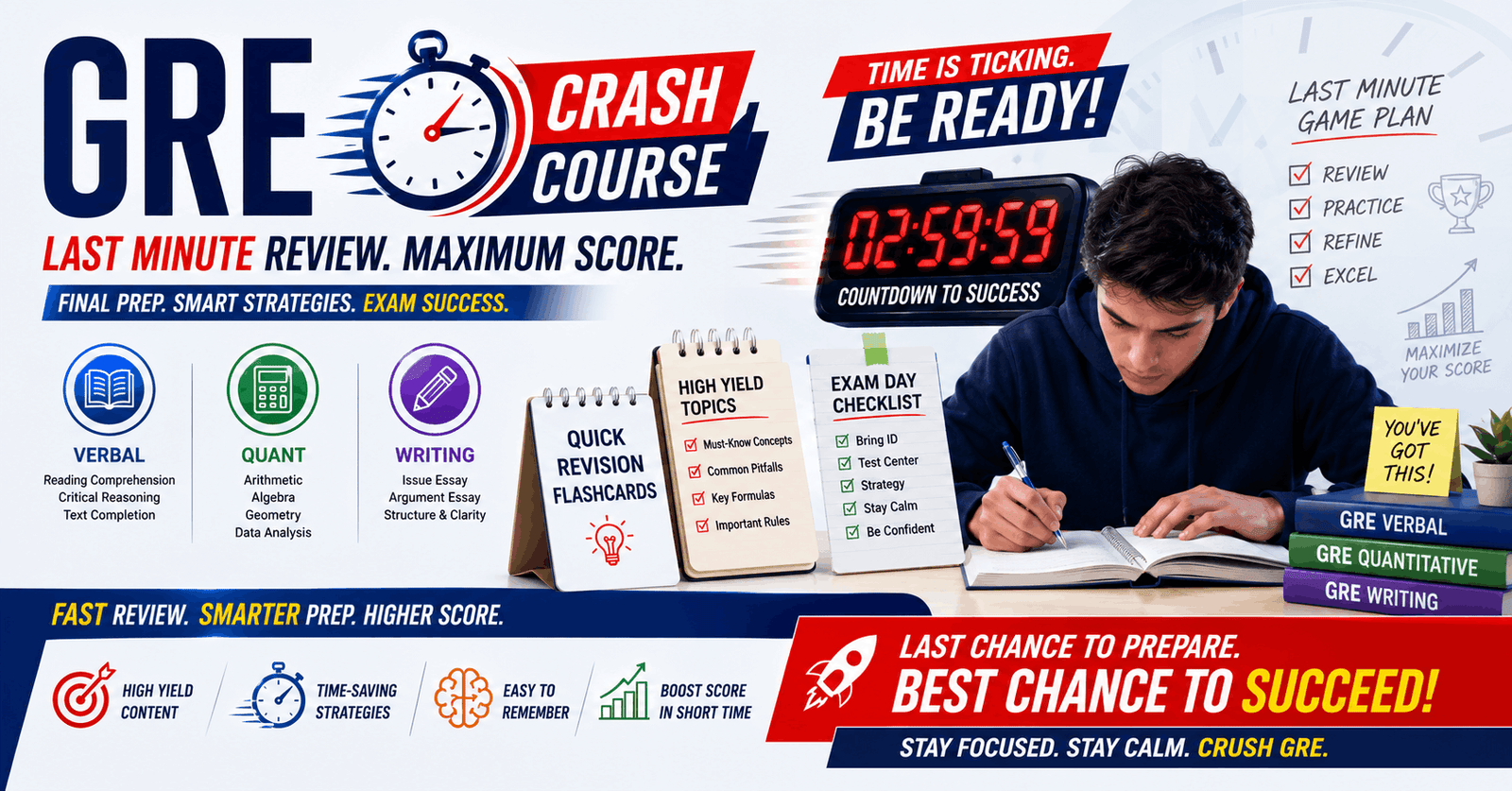 GRE crash course banner showing last-minute GRE revision, quick tips, exam strategy, and focused test preparation