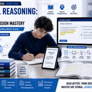 GRE Verbal Reasoning course showing vocabulary learning, reading comprehension practice, and GRE verbal test strategies