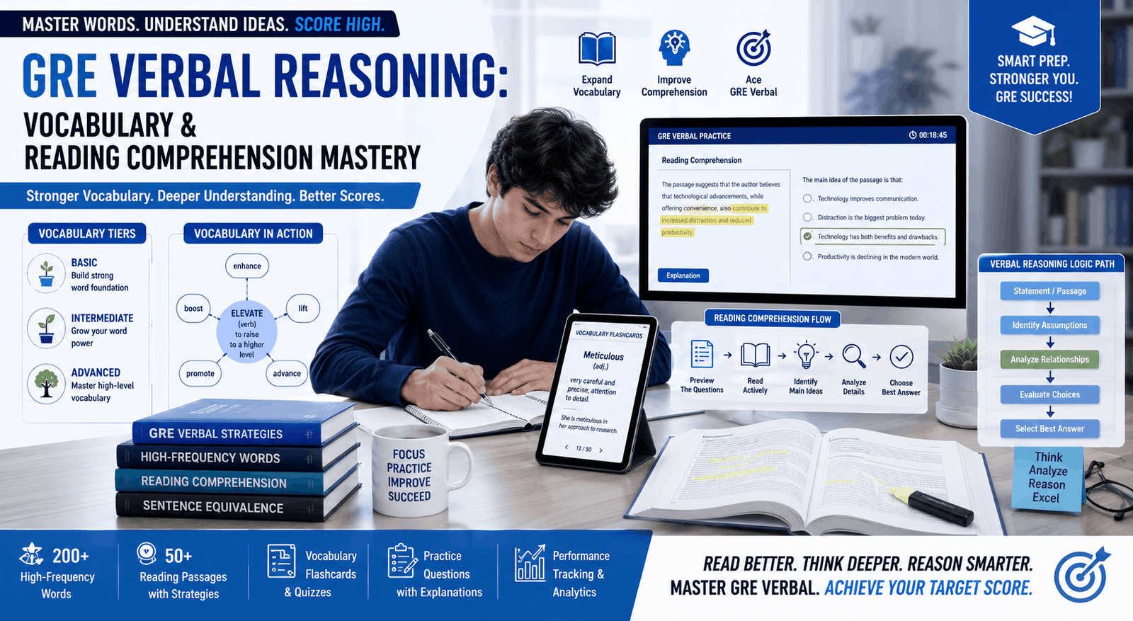 GRE Verbal Reasoning course showing vocabulary learning, reading comprehension practice, and GRE verbal test strategies