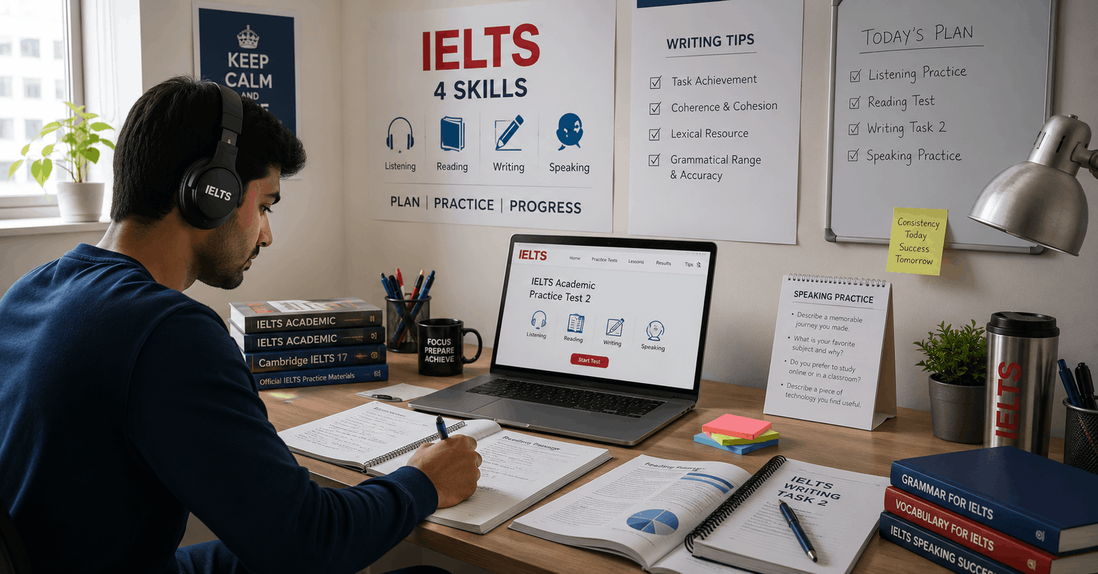 IELTS academic preparation showing student practicing reading writing listening speaking for IELTS exam success
