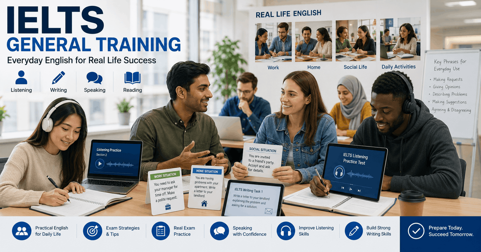 IELTS general training showing everyday English practice in speaking reading writing and listening for exam success