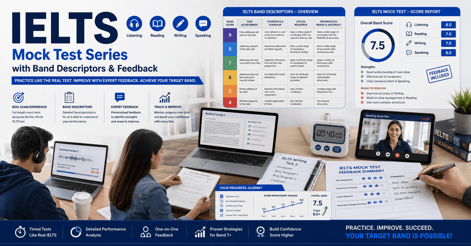 IELTS Mock Test Series course showing exam practice tests with band descriptor feedback for IELTS Listening, Reading, Writing, Speaking