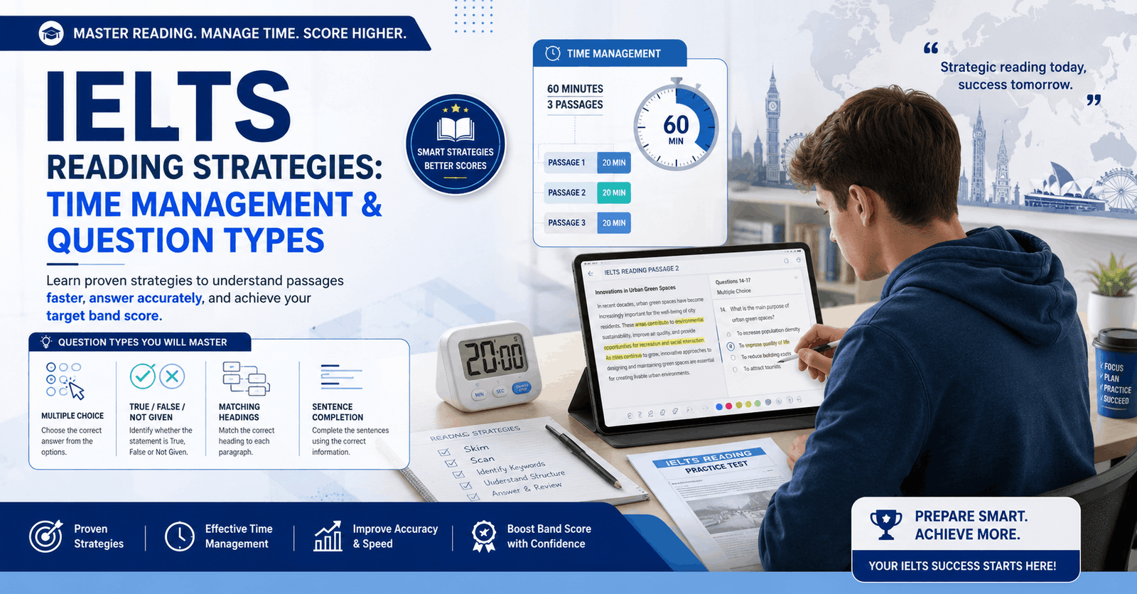 IELTS Reading Strategies course banner showing IELTS reading test preparation, time management, and question type practice