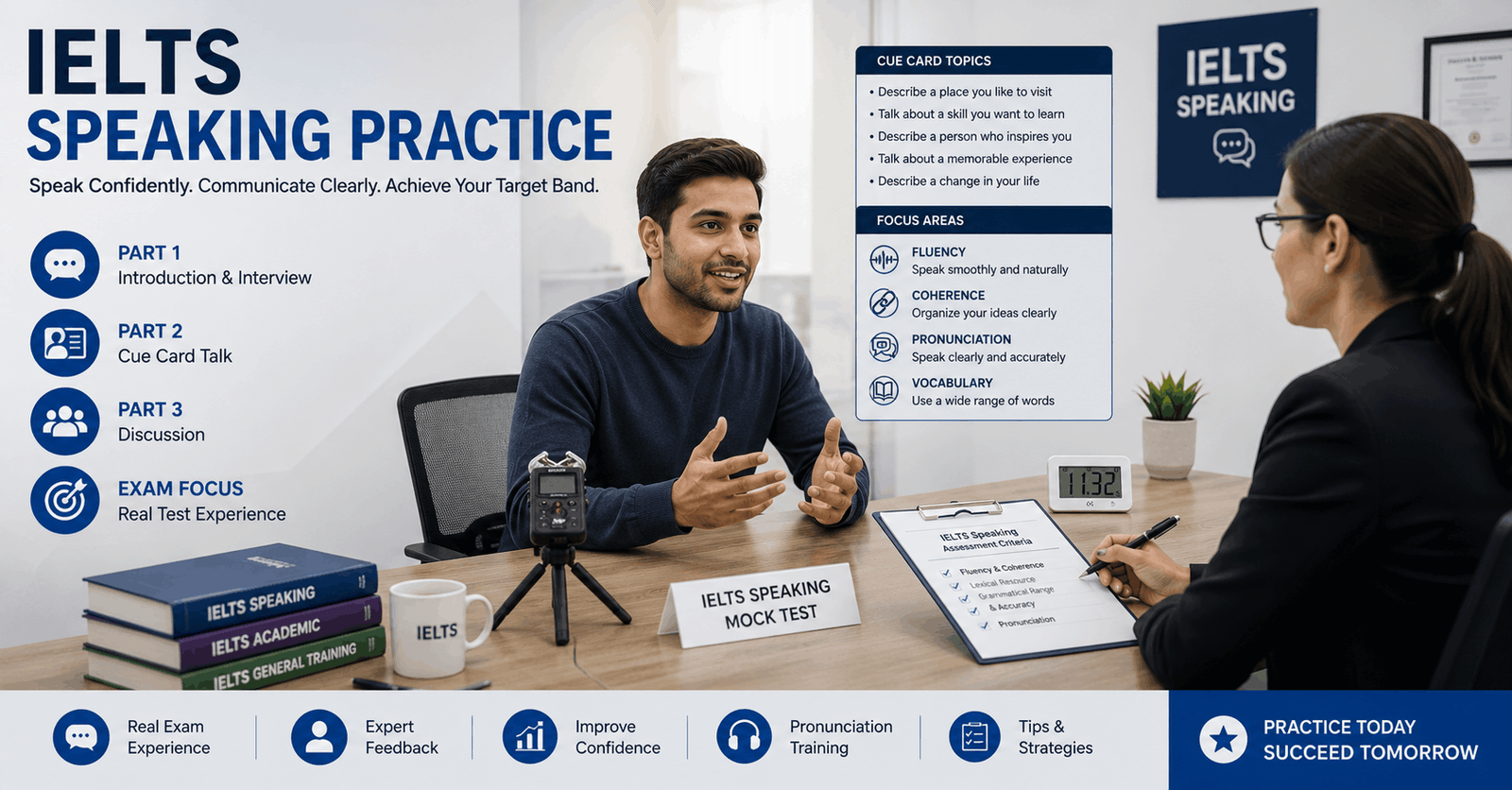 IELTS speaking practice showing student improving fluency coherence pronunciation in speaking test simulation