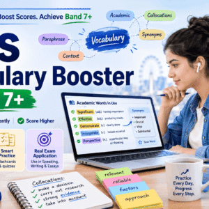 IELTS Vocabulary Booster course banner showing advanced English vocabulary learning for IELTS speaking, writing, and reading