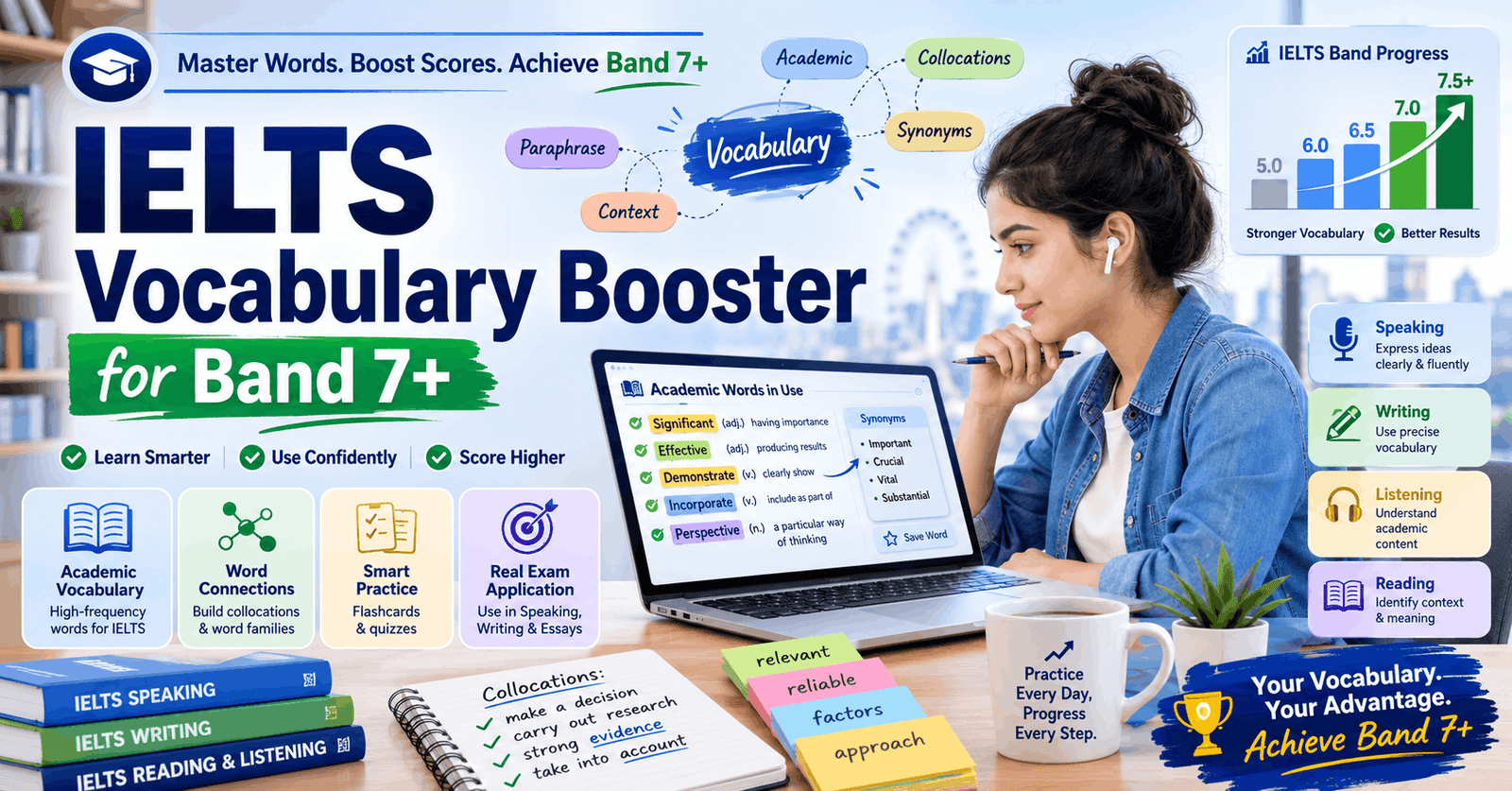 IELTS Vocabulary Booster course banner showing advanced English vocabulary learning for IELTS speaking, writing, and reading