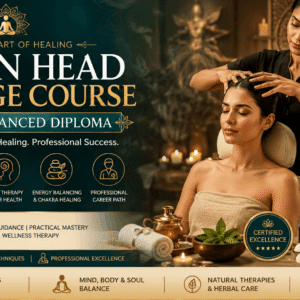 Indian Head Massage Course showing professional therapist performing head and shoulder massage in a luxury wellness settin