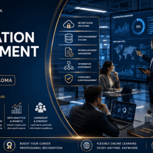 Information Management Course showing professionals analysing data systems, governance frameworks, and digital workflows