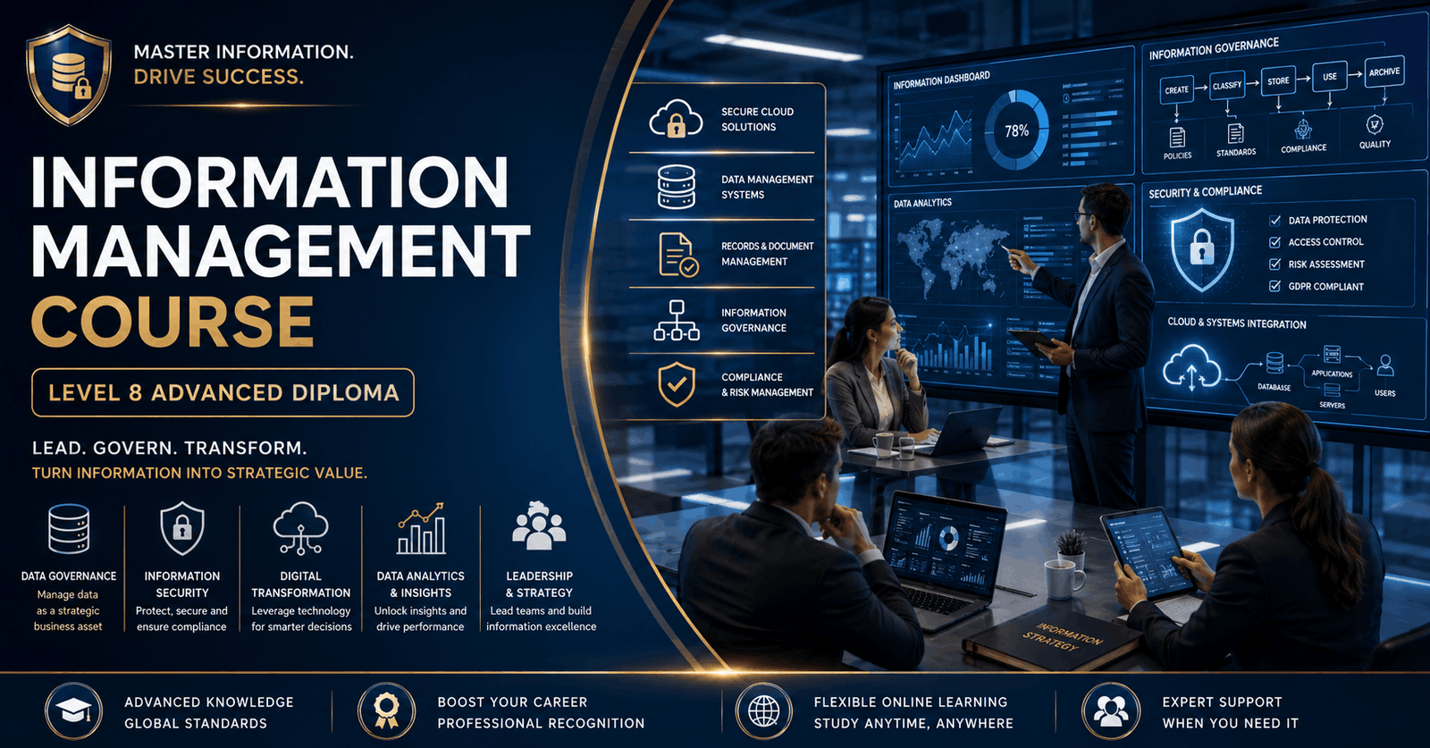Information Management Course showing professionals analysing data systems, governance frameworks, and digital workflows