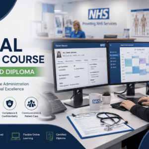 Medical Secretary Course showing a professional healthcare administrator working in a modern UK medical office