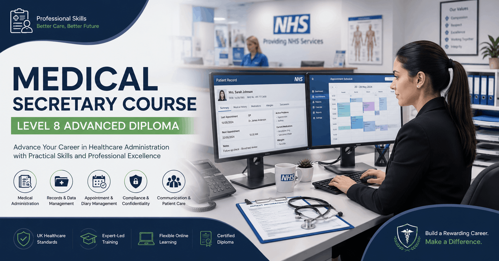 Medical Secretary Course showing a professional healthcare administrator working in a modern UK medical office