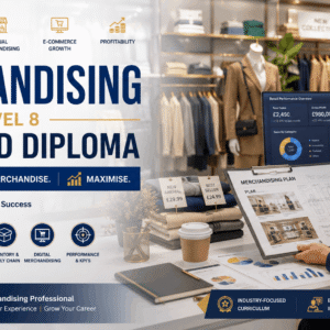 Merchandising Course banner showing retail planning, product displays, and digital merchandising in a modern store environment