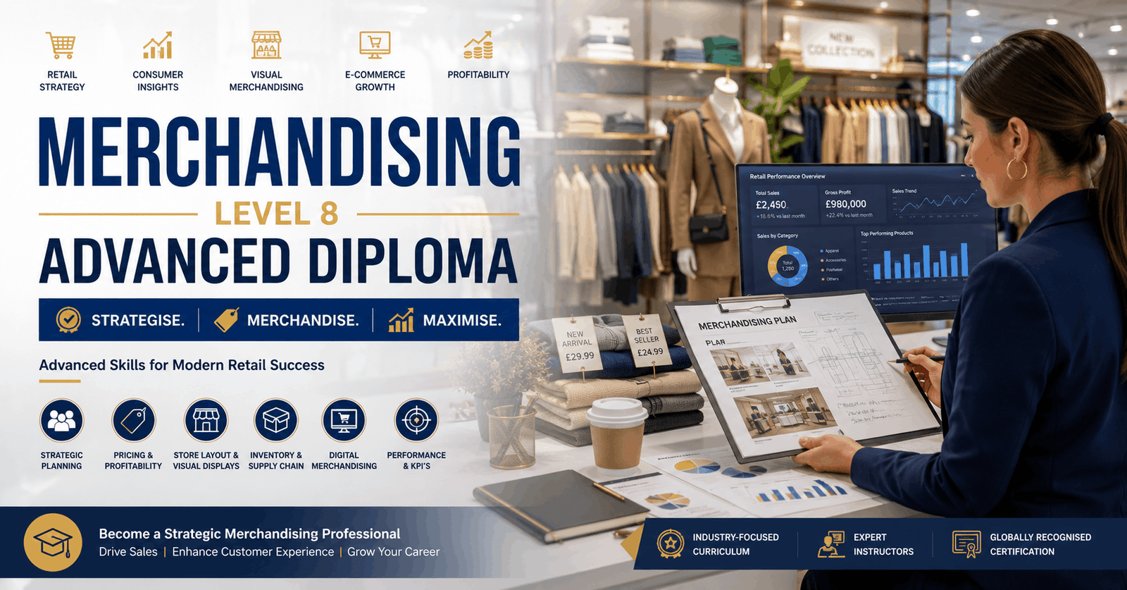 Merchandising Course banner showing retail planning, product displays, and digital merchandising in a modern store environment