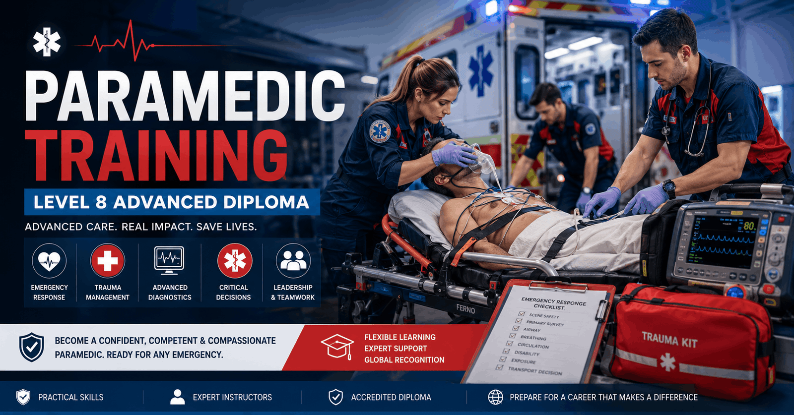 Paramedic Training banner showing emergency responders delivering advanced pre-hospital care in a medical emergency setting