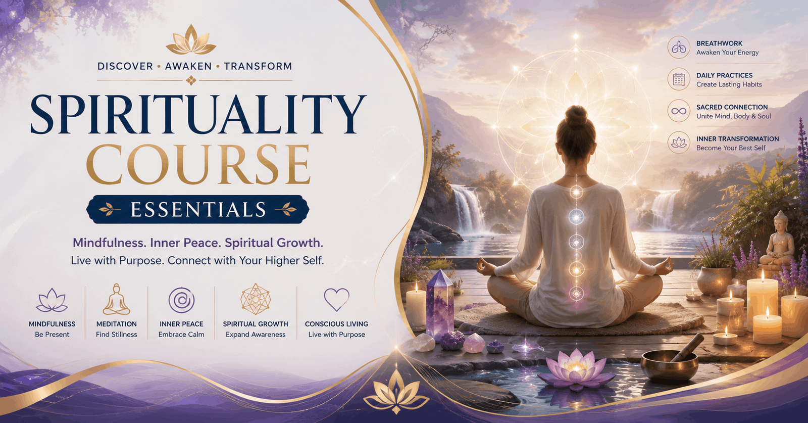 Spirituality Course featuring peaceful meditation, mindfulness practice, and spiritual growth in a calm healing environment