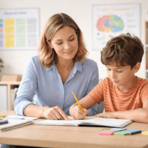 Tutor supporting a learner during ADHD Management Course training using behavioural planning strategies in a calm classroom setting.