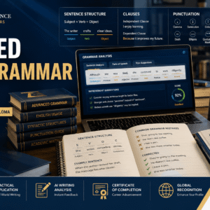 Professional advanced English grammar course banner showing writing, sentence structure, and language learning concepts